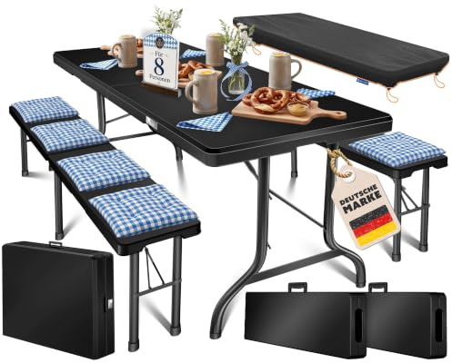 KESSER® Set di 3 tende da birra, tavolo e 2 panchine, tavolo da buffet per interni ed esterni, pieghevole, 183 x 76 x 74 cm, in plastica, effetto rattan, con copertura e manici
