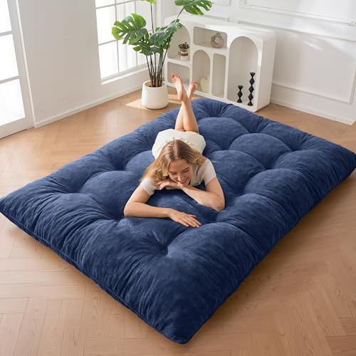 MAXYOYO Futonmadrass, Chenille-tyg, 15 cm tjock, rullad futon soffa med fyllning av skummassa, knappsydd, praktisk vikbar golvmadrass (ram ingår inte)