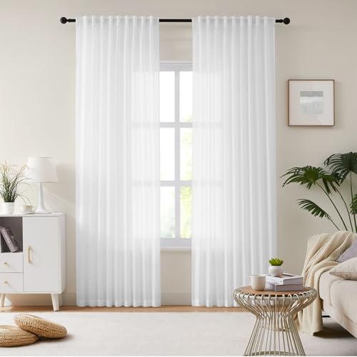 Melodieux Gardinen Kräuselband, Weiß Transparent Voile-Vorhang für Wohnzimmer Weiß, 245×137cm (H×B) 2er Set