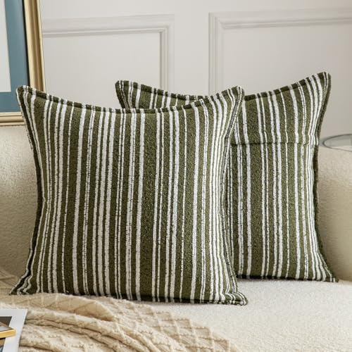 Madizz 2er Set Boucle Dekorativ Kissenbezüge Weiche neutrale Wurfkissen für Sofa Boho Akzent Zierkissenbezüge für Schlafzimmer Wohnzimmer Modernes Zuhause Dekor Moosgrün 40x40 cm