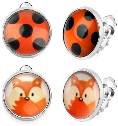 Honosen 2 Paare Clip Ohrringe Kinder, Ohrclips Kinder Marienkäfer Fuchs, Runde Metall Klipp Ohrringe Mädchen, Niedliche Kreative Glas Schmuck Geschenke für Halloween Weihnachten Karneval