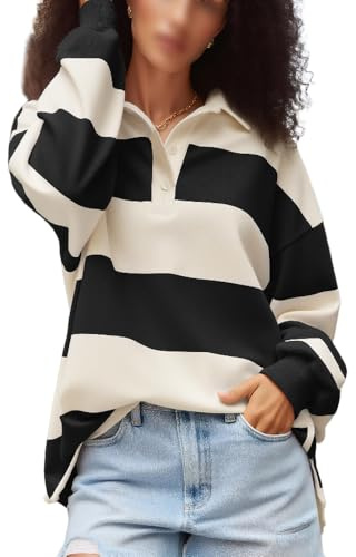 Y2k Women Striped Rugby Polo Shirt Long Sleeve Collared Oversized Vneck Sweatshirt Vintage Jersey Girls Streetwear