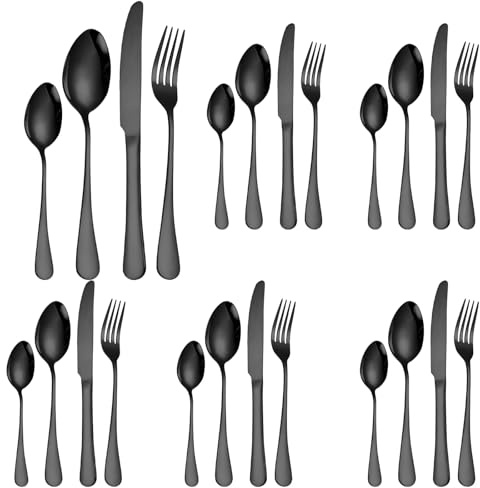 YOFAPA 32 Pcs Black Cutlery Set for 8 People, Stainless Steel Flatware Set, Include Knives, Forks, Spoons, Matte Surface, Ergonomic Handle, Dinnerware Set for Home, Restaurant