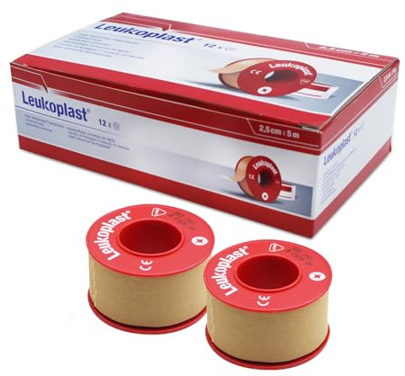Leukoplast Rollenpflaster 2,5 cm x 5 m, Fixierpflaster Rolle mit Schutzring, Leukosilk Heftpflaster Rolle, Medizinisches Tape zur Wundverband-Fixierung (12 Stück)