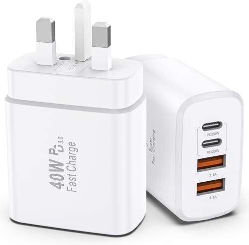 USB C Charger, 40W Multiport iPhone Charger Fast Charge Block with 4 Ports - 2 x USB-C and 2 x USB-A, Multiple Wall Charger Adapter for iPhone 17/16/15/14/13/12/11/Pro/X/iPad/Samsung (White, 2 Pack)