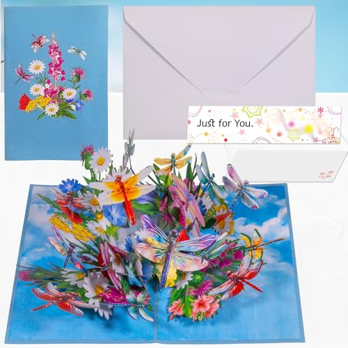 LINPOPUP® Pop Up Karte – 3D Grußkarte mit Blumenstrauß, Handgemacht, Inklusive Umschlag – Geschenkidee zum Geburtstag, Muttertag, Danken, Gute Besserung, Libellen, N135
