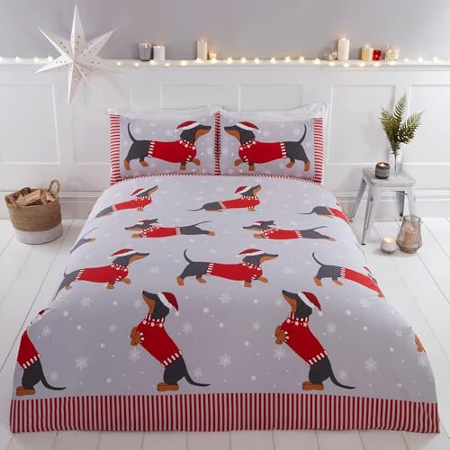 Set Copripiumino Matrimoniale Bassotto, Biancheria da Letto Tema Invernale in Morbida Microfibra 3D Copri piumino 230x220 con Cerniera e 2 Federe 50x80 cm A-6284