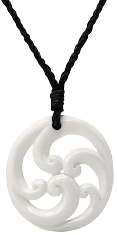 Hand-Carved Bone Family Five Koru Spiral Pendant Necklace - Adjustable Cord Necklace for Men - Women's Maori-Style Fern Frond Amulet - Handmade Tribal Statement Surfer Jewellery