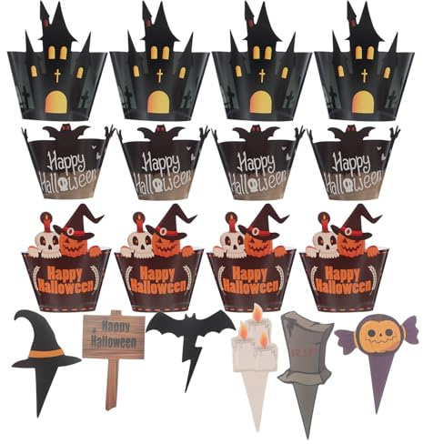 ETHZZLE 2 ensembles Décorations Cupcake Halloween Spooky Cupcake Toppers et Muffin Wrappers Citrouille Fantôme Squelette pour Gâteau Fête Effrayante