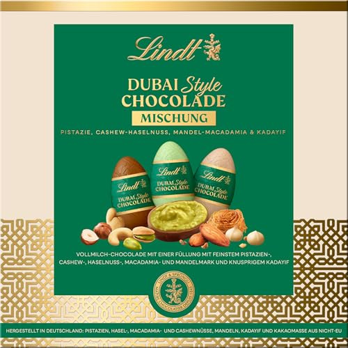 Lindt Dubai Style Chocolade Eier Ostergeschenk Mischung | 162g Eier | Feinste Vollmilch-Chocolade mit unterschiedlichen Nuss-Füllungen | Schokoladeneiner | Schokoladengeschenk