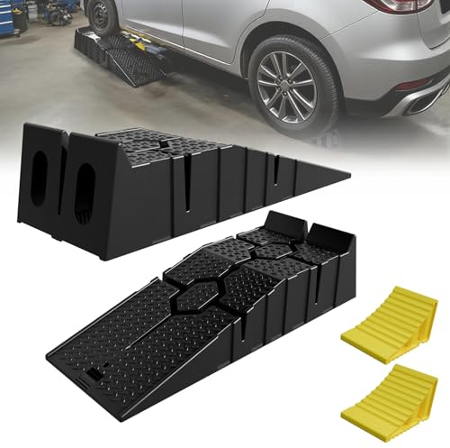 Froadp Auffahrrampe 2er Set mit Radkeilen Überfahrschutz Gelb Kunststoff Verladerampe rutschfest Laderampe Autorampen KFZ Rampe für Auto Wartung und Reparatur Auffahrkeile 2.5T Traglast pro Paar