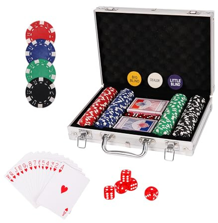 PLAYWUS Poker Spiel 200 Chips Set inkl. 2X Pokerdecks, 5X Würfel, Dealer/Small Blind/Big Blind Button, Pokerset Alu Pokerkoffer Kasino Pokerchips Bingo Homespiel Laserchips mit Aluminiumkoffer Silber