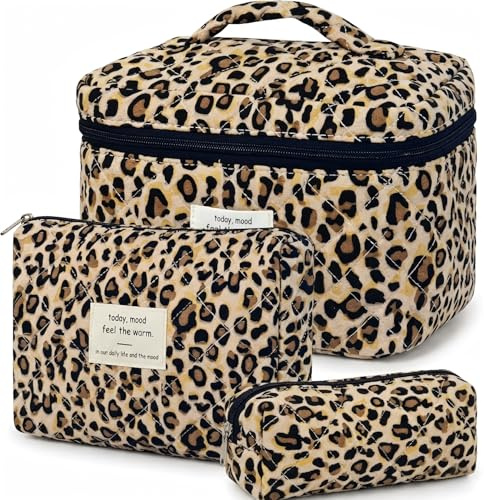3er Set Kosmetiktasche, kulturtasche Damen mit Blumenmuster, Gesteppte kulturbeutel Make Up Tasche Reise, Tragbare Schminktasche Makeup Bag für Mädchen Frauen, Organizer Waschtasche