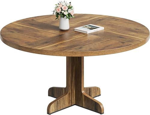 GarveeMore Runder Esszimmertisch für 4–6 Personen, 120 cm Tisch mit Holzsockel, Dunkle Eiche, Moderne runde Esstische für Küche, Esszimmer und Wohnzimmer (Nur Tisch)