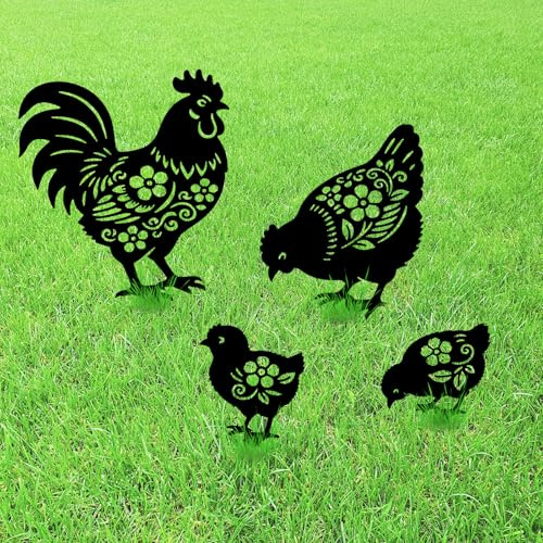 GLOBLELAND 4 Pcs Pattern Chicken Metal Garden Stakes