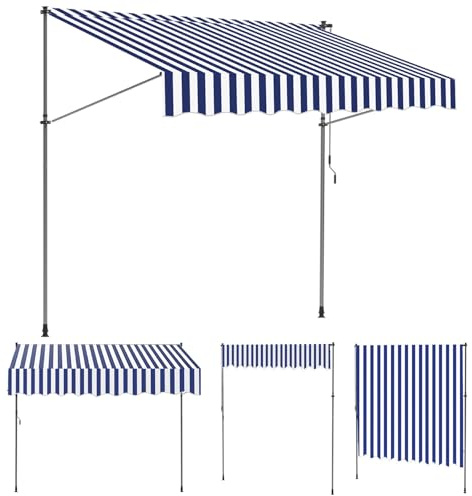 Monucep Klemmmarkise 400 cm Breit, Markise Ohne Bohren mit Handkurbel,Klemmmarkise Balkon UV-beständig,Balkon Sonnenschutz und Wasserdicht,Balkonmarkisen zum Klemmen Blau Weiß