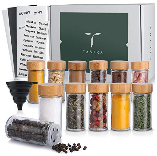 TASTRA® 12er Set Gewürzgläser mit Bambusdeckeln- 100ml Gewürzdosen- Gewürzaufbewahrung inkl. Gewürzetiketten+ verschiedene Streueinsätze+Trichter