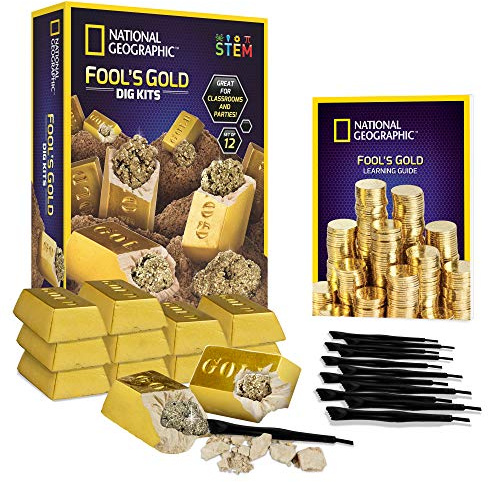 National Geographic Fool’s Gold Dig Kit – 12 Gold Bar Dig Bricks with 2-3 Pyrite Specimens Inside, Party Activity with 12 Excavation Tool Sets, Great Stem Toy for Boys & Girls or Party Favors