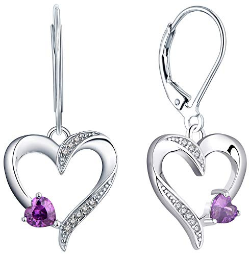 YL hjärta örhängen 925 sterling silver kärlek hjärta droppe örhängen blå safir/simulerad smaragd/ametist/rosa hängande örhängen smycken för kvinnor, Sterlingsilver, Ametist