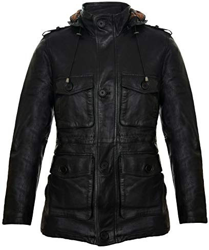 Men's Black Hooded Leather Multi-Pocket Duffle Trench Coat with Drawstring XL