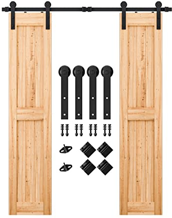 SMARTSTANDARD 6FT Heavy Duty Double Door Sliding Barn Door Hardware Kit,Smoothly and Quietly-Easy to Install-Includes Step-by-Step Installation Instruction Fit 18 Wide Door Panel