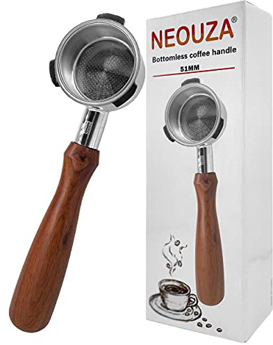 NEOUZA 51mm Bottomless Portafilter Compatible with HIBREW H10B, Gevi 15 Bar, Yabano,Hamiltion Beach,Farberware Espresso Machines with Stainless Steel Replacement Filter Basket Wooden Handle