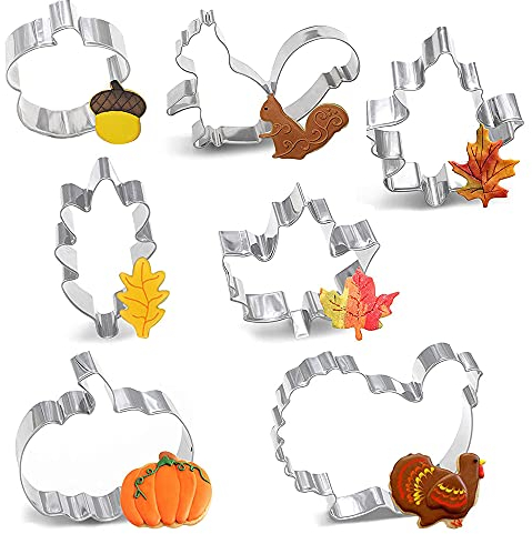 Keksausstecher für Herbst und Erntedankfest, 7-teiliges Set, große Ausstechformen aus Edelstahl, mit Kürbis, Eichhörnchen, Truthahn, Ahornblatt, Eichenblatt und Eichel