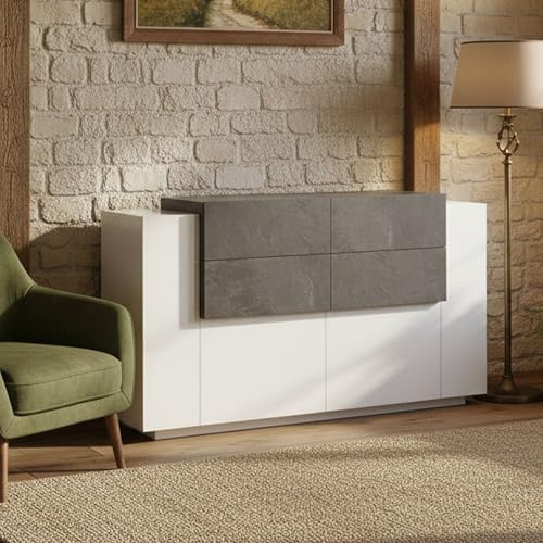 Dmora - Kommode Alberto, Küchen-Sideboard mit 2 Türen und 4 Schubladen, Wohnzimmer-Buffet, Küchen-Sideboard, 100 % Made in Italy, 160 x 45 x 86 cm, glänzendes Weiß und Schiefer