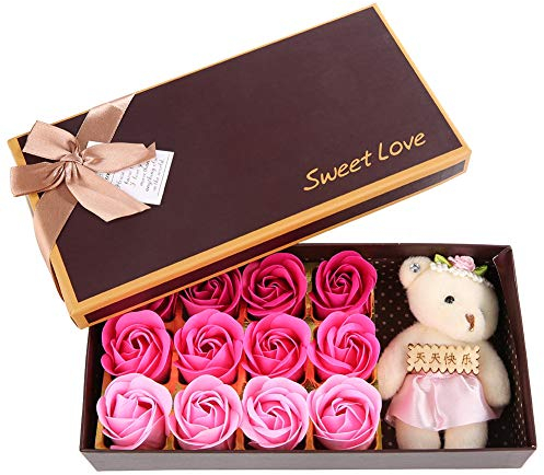 12 Flores de jabón de Rosas, Rosas Artificiales, Juegos de Regalo de Rosas para Mujeres, Oso de Peluche, Regalo romántico para el Día de San Valentín con Caja(Rosa)