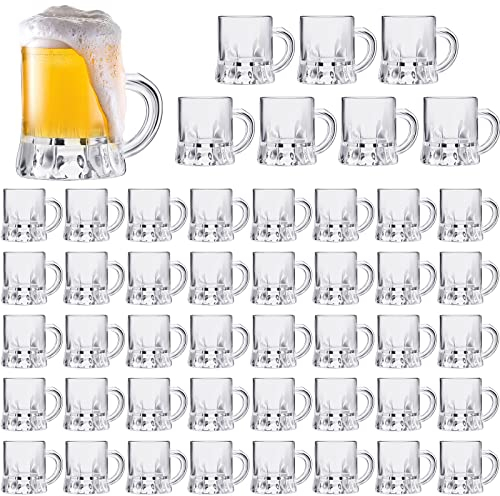 Meanplan 48 Pieces Mini Beer Mugs Bulk Shot Glasses Set 1oz Small Clear Stein with Handles Mini Tasting Whiskey Cups for Drinking Beer Festival Birthday BBQ Bar Party (Plastic)