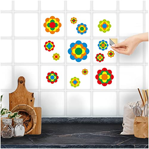 FoLIESEN Fliesenaufkleber für Bad, Küche, Badezimmer - Fliesen-Folie selbstklebend - Vintage Flower Deko-Aufkleber - Retro Blumen, .:15x15 cm - 9-tlg.