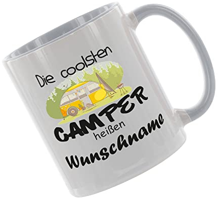 Crealuxe Kaffeetasse - Die Coolsten Camper heißen (Wunschname) - Spruchtasse, Bürotasse, bedruckte Keramiktasse, mit Spruch, Hochwertige Kaffeetasse, Tasse personalisiert mit Name (Grau)