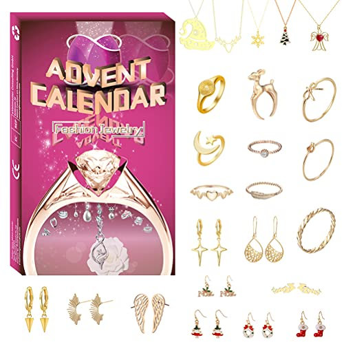 Rachel Weihnachts-Adventskalender Schmuck, 2022 Weihnachts-Countdown-Kalender DIY Charm Halskette Armband Ohrringe Ringe Set 24 Tage Weihnachtsschmuck Countdown-Geschenk für Kinder