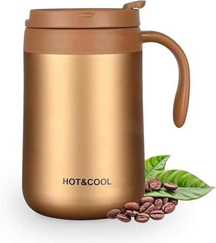 camako Insulated Coffee Mug with Lid, Double Wall Stainless Steel Thermal Mug for Cold & Hot Drinks, Reusable Coffee Cup, 500ML, Golden
