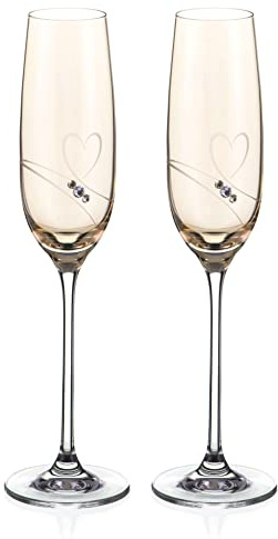 DIAMANTE Gold Lustre Champagne Flute Prosecco Glasses Pair 'Romance' Embellished with Swarovski Crystals - Set of 2 Amber Lustre Flutes