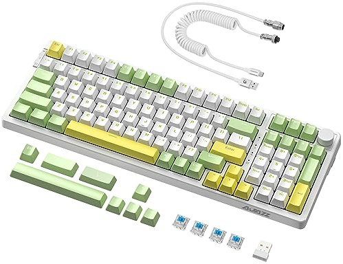 AJAZZ AK992 Drahtlose Hot-Swap RGB Gaming Tastatur - Grün/Blauer Switch | GASKET-Mount, 2.4G/BT5.0/Kabelgebunden, Benutzerdefiniertes USB-C Kabel, 99 PBT Tasten, Lautstärkeregler, für PC/Mac/Win/PS4