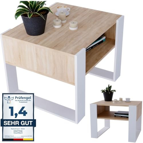 CraftPAK Wohnzimmer Tisch für Couch aus hochwertigem Holz, Stabiler & moderner Couchtisch mit zusätzlicher Ablagefläche, Farbe Bardolino-Weiß