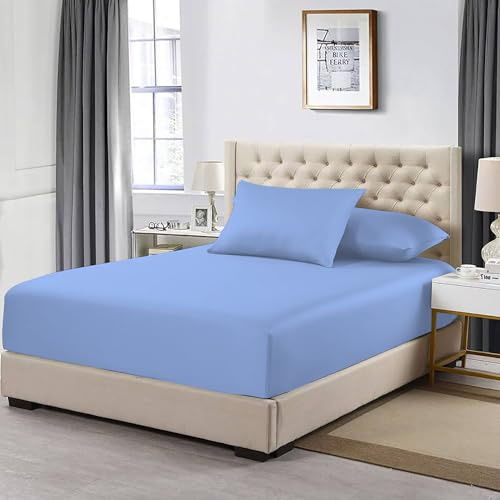 MistyMorning Extra Deep Fitted Sheet 16''/40cm, Egyptian Cotton bed sheets with 200 Thread Count, Soft & Premium quality Bedding & Linen (Sky Blue, King)
