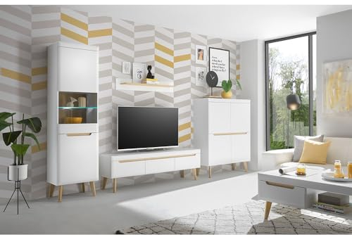 Lomadox Wohnzimmer komplett Set in Weiß Matt mit Eiche, 5-teilig inkl. Couchtisch, Highboard, TV-Lowboard, Wandboard, Standvitrine und Beleuchtung