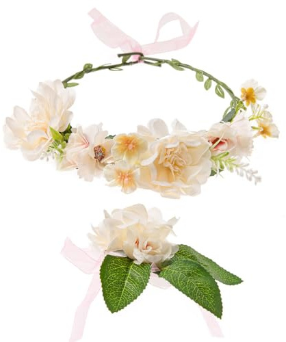 axy Blumenkranz Diadem Haarkranz Damen Mädchen (Blumenkranz und Blumenarmband als Set), Verstellbarer für Hochzeit Karneval Festival Blumen Haarreifen Stirnband Haarband Haarschmuck (Beige)