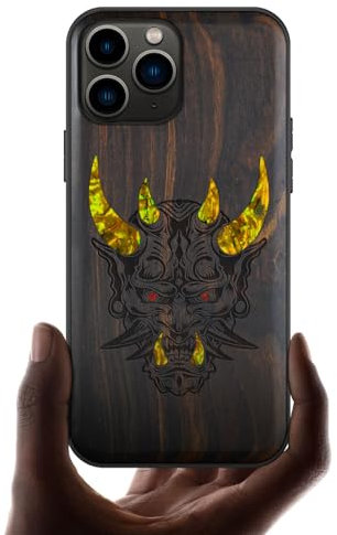 Carveit Coque Compatible avec iPhone 11 Pro Étui en Bois Cover [Gravure en Bois et Incrustation de Coquille] Case pour 11 Pro Coque Premium (Bois Sombre-Masque Japonais Oni)
