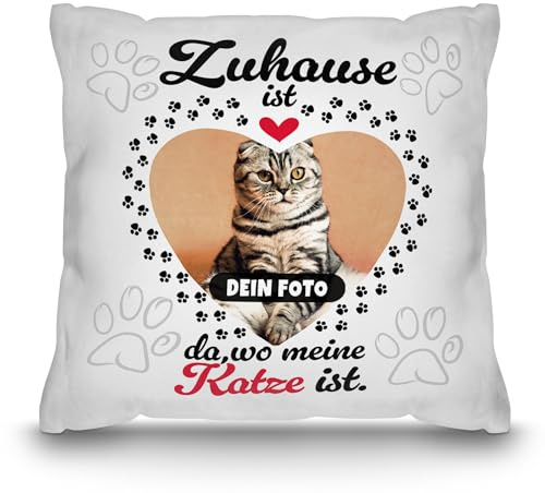 Print Royal PR Katzen-Kissen mit Foto Zuhause ist da, wo Meine Katze ist - Geschenk für Katzenliebhaber zum Geburtstag | Personalisiertes Geschenk, inkl. Füllung, Weiß