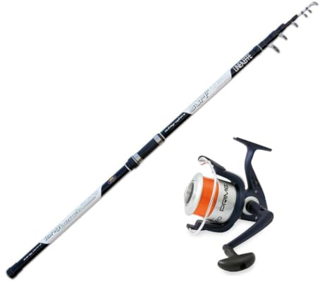 Lineaeffe Tele Brandungscombo 4,20m bis 200g mit Weitwurfrolle & Schnur | Tele-Surfcombo mit 4,20-m-Brandungsrute, bespulter Weitwurfrolle und kompaktem 119-cm-Transportmaß