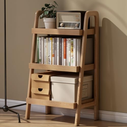 Small Bookshelf for Small Spaces, Oak Ladder Shelf, Solid Wood Bookcase