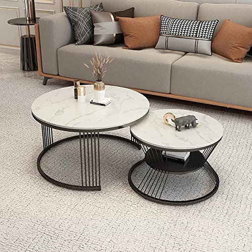 Moderner Couchtisch für das Wohnzimmer. Satztische für das Wohnzimmer, 2er-Set, stapelbare Couchtische aus Metall für das Wohnzimmer, modernes rundes Beistelltisch-Set mit Schieferplatte und