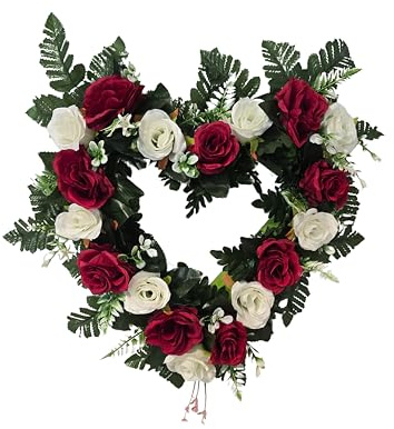 DRW Herz aus weißen und roten Rosen, Zentrum für künstliche Blumen, Friedhof, Kirche, Hochzeit, Grabstätten, 65 x 30 x 65 cm