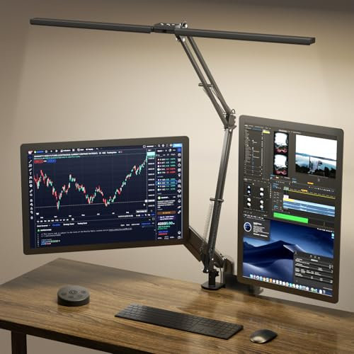 SKYLEO LED Desk Lamp - Double Head Desk Light with Remote Control - Eye Protection, 2400 LM, 24W, 5 Color Modes, Timing & Memory, Easy to Install - Suitable for Office, Reading, Drawing - Black