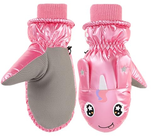 QKURT Kids Winter Ski Gloves Waterproof Snow Mittens Anti Slip Plush Warm Unicorn Gloves For Children Girls Boys 5-10 Years Old (Rose Red)