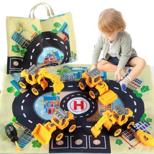 elfish kids Bagger Spielzeug ab 3 Jahre für Jungen, 4 in 1 BAU Baustellenfahrzeuge Kinder mit Spielmatte Set, Zerlegen Spielzeug DIY Baufahrzeuge Lernspielzeug für Geschenk Junge 3 4 5 6 Jahre