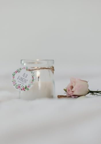 12 Mini bougies parfumées, pot en verre et bouchon liège, 60g, étiquettes personnalisées et ficelle en chanvre | Cadeaux invités mariage, baptême, anniversaire